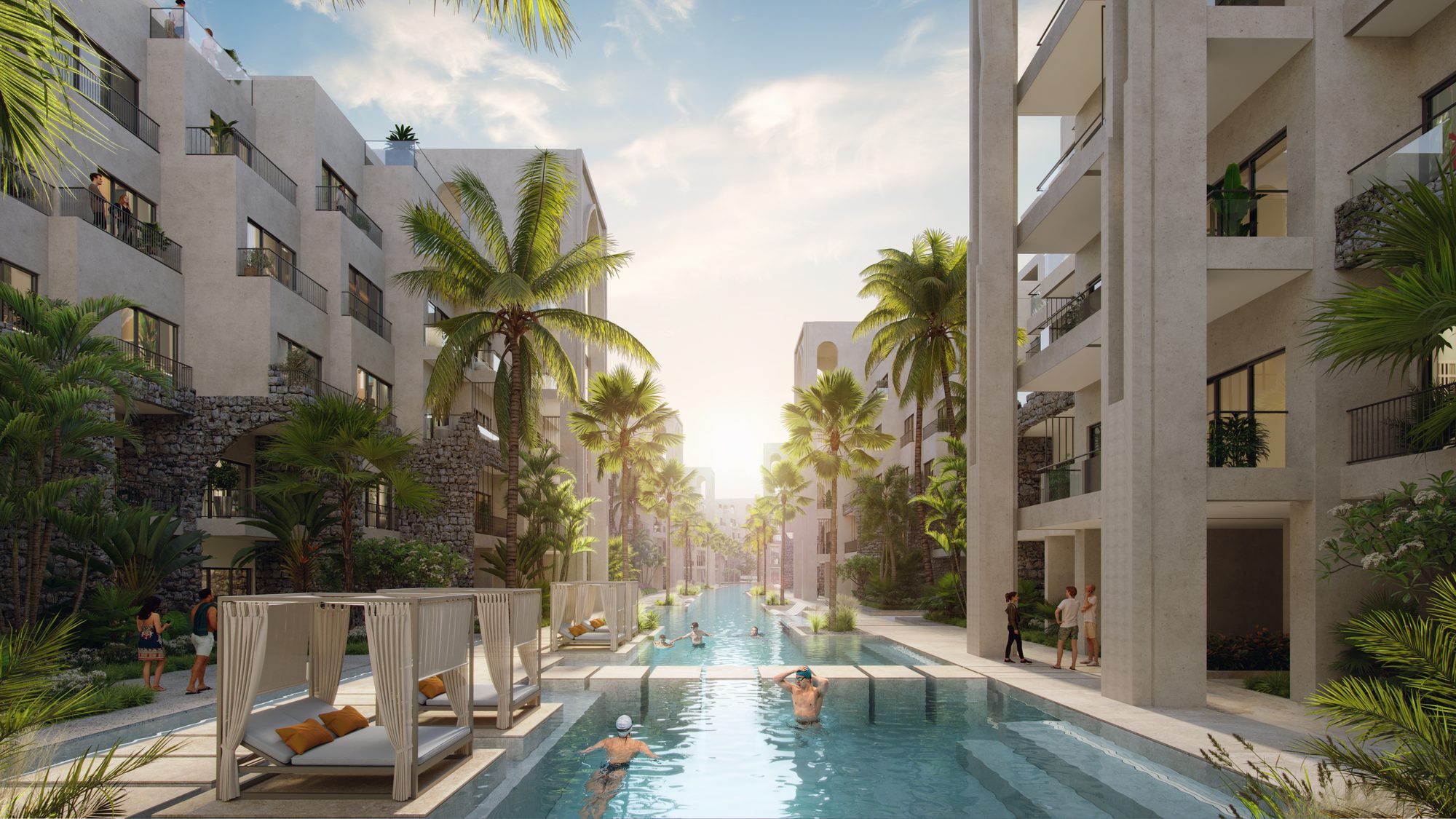 Vista de la piscina central de Poseidonia Residences